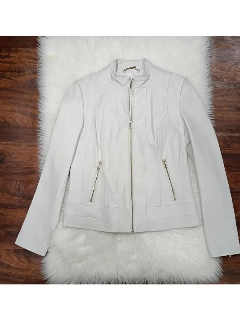 Wilsons Leather M Buttersoft Womens Slate White Clean Preppy Jacket Zip Pockets - Picture 8 of 16